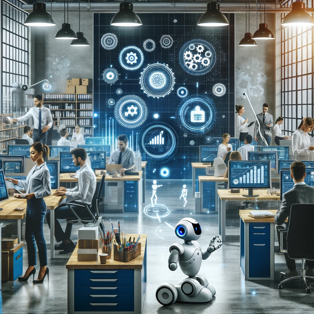Automatisierungstechnologien steigern Effizienz in KMU-Büro mit smarten Bildschirmen und Robotern.