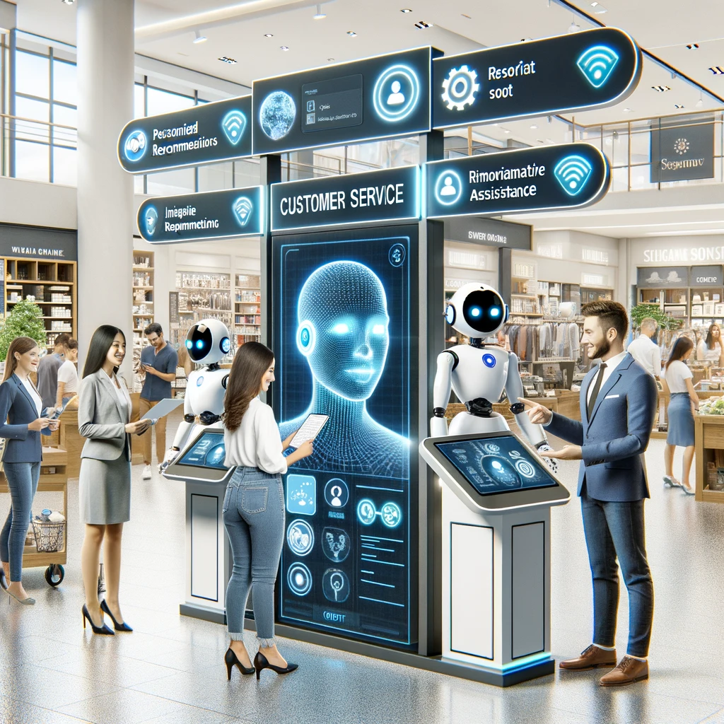 Automatisierter Kundenservice im Einzelhandel mit Chatbots und interaktiven Kiosken für personalisierte Hilfe.