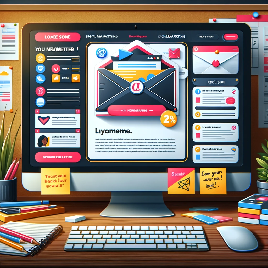 Dynamische E-Mail-Marketing-Kampagne auf einem Computerbildschirm mit personalisiertem Newsletter-Layout.