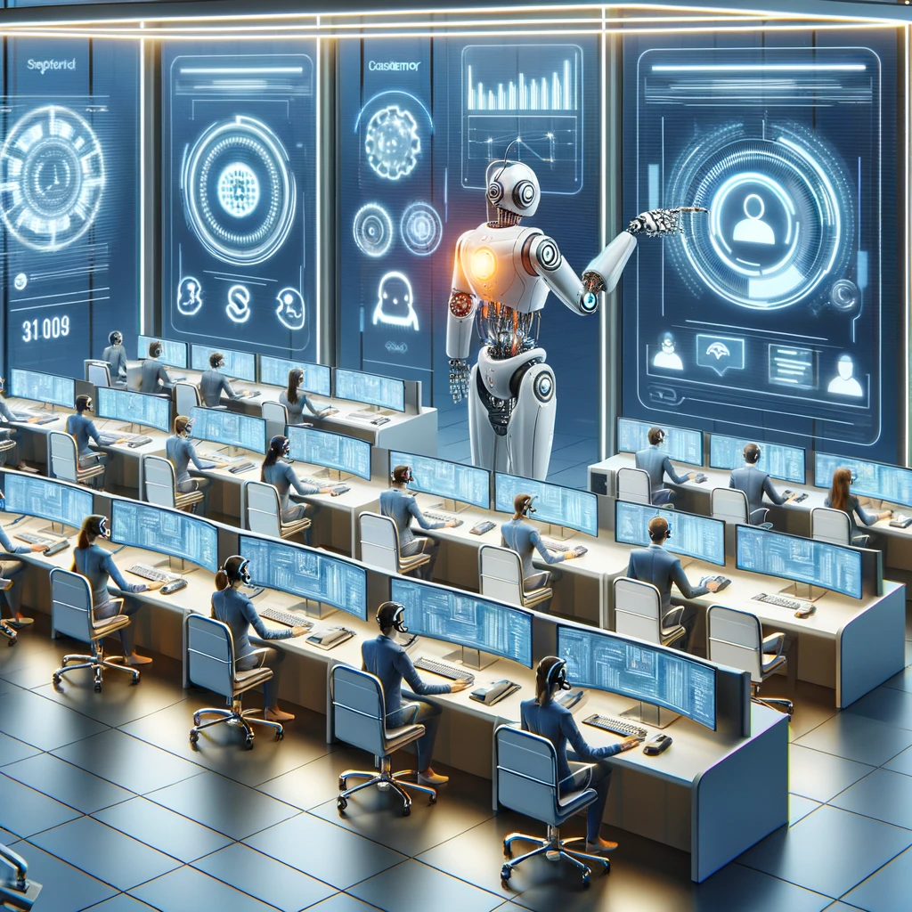 Futuristisches Kundenservice-Zentrum mit Automatisierung in der Kundenbindung für KMUs, robotischen Armen und virtuellen Assistenten.
