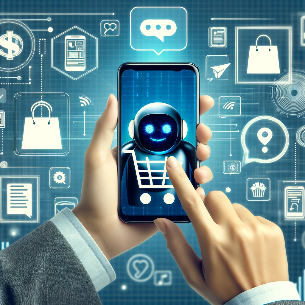 Kunde interagiert zufrieden mit einem KI-Chatbot auf seinem Smartphone im Einzelhandelsumfeld.